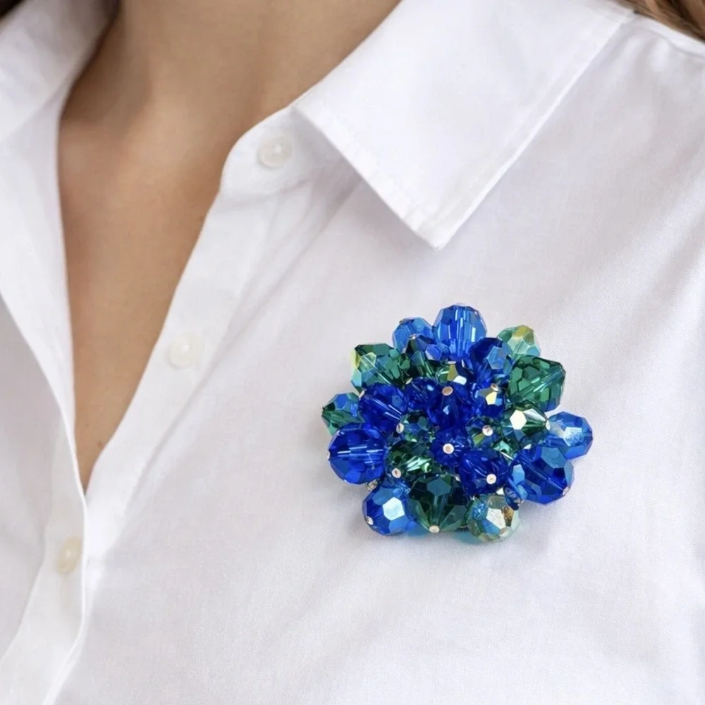 Vintage Blue Green AB Faceted Crystal Cluster Brooch Pin Flower Statement 1 1/2